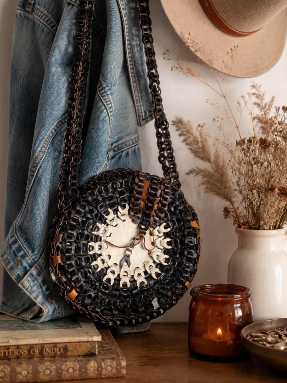 Artisan Handmade Leather Crossbody Bag – Woven Round Boho Purse (Made in Israel)